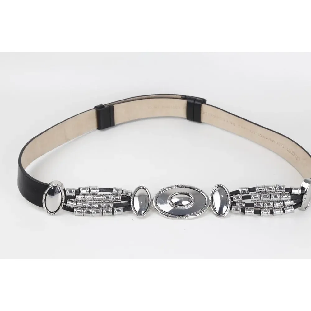 Chico’s Black Leather Southwestern Silver Concho Oval Buckle Belt Size S/M Small